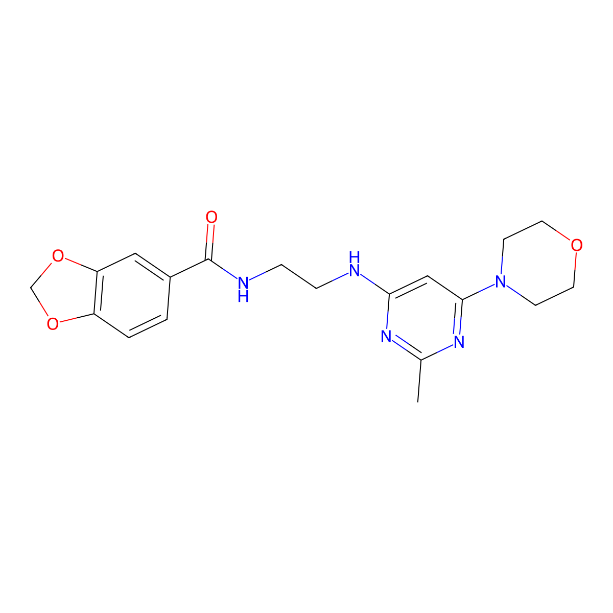 N-(2-((2-methyl-6-morpholinopyrimidin-4-yl)amino)ethyl)benzo[d][1,3]dioxole-5-carboxamide molecular structure, CAS 1203276-10-1
