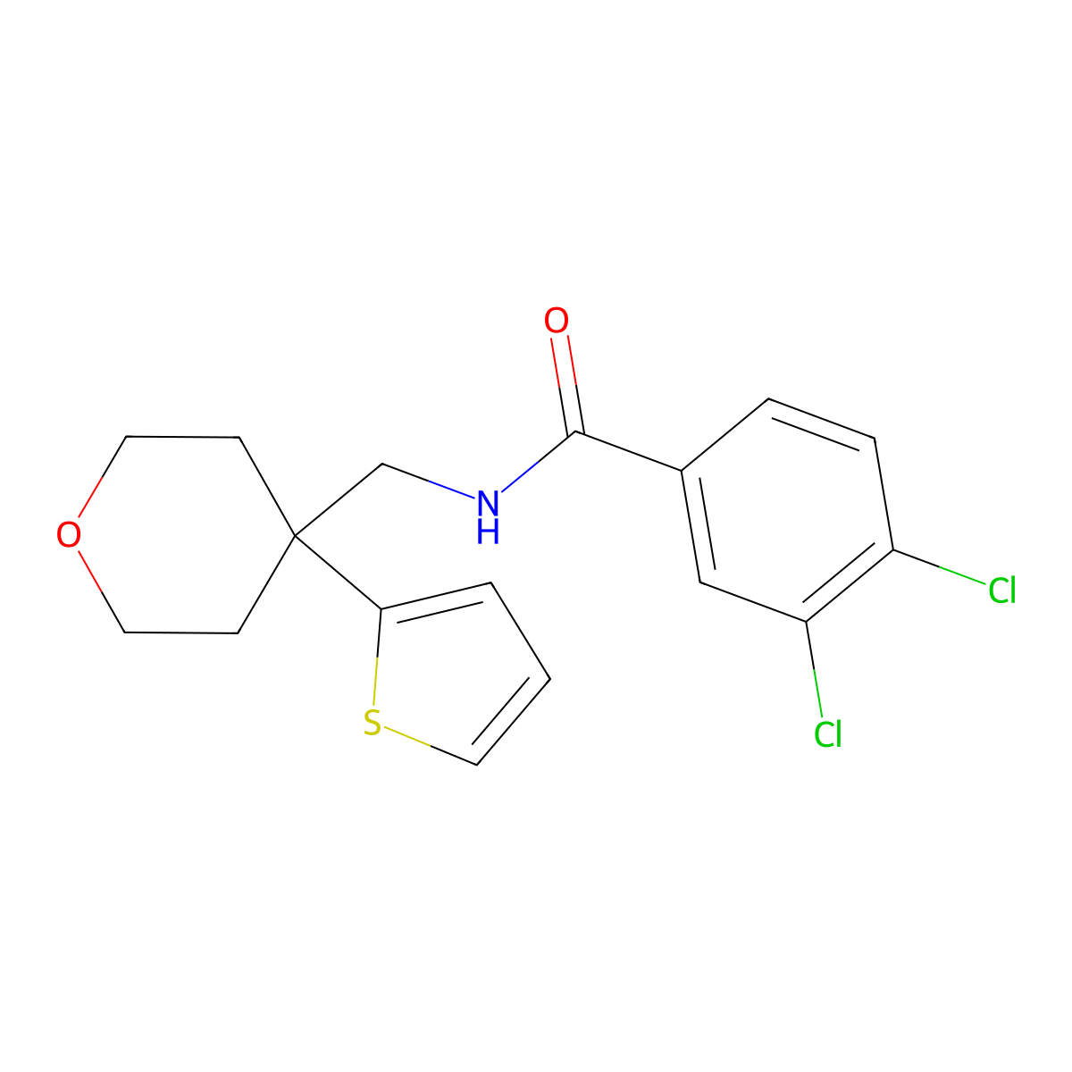 3,4-dichloro-N-((4-(thiophen-2-yl)tetrahydro-2H-pyran-4-yl)methyl)benzamide molecular structure, CAS 1203278-53-8