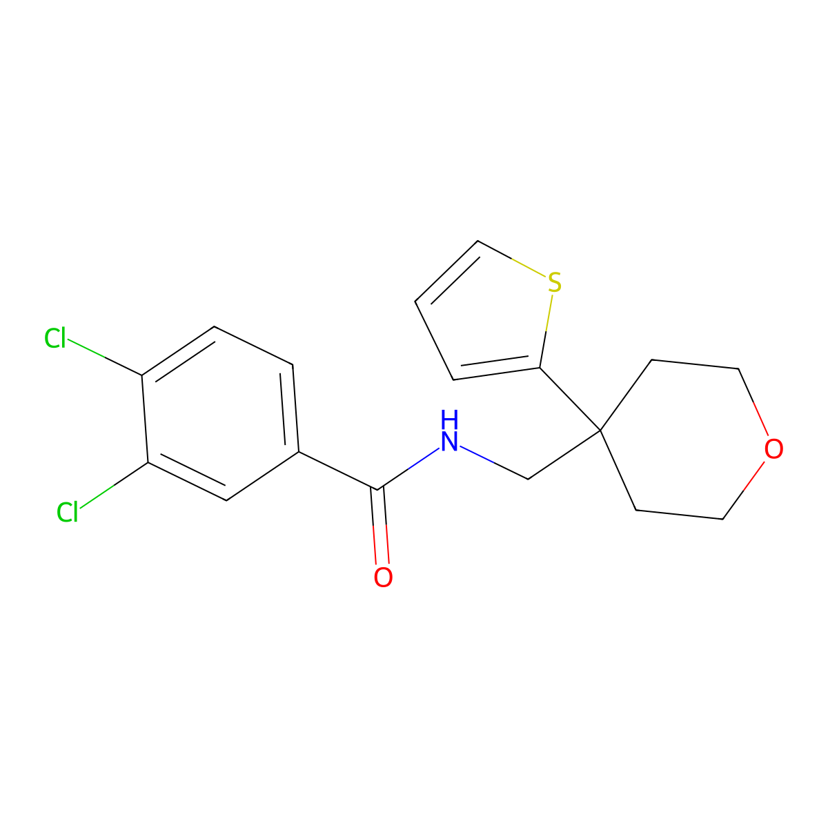 3,4-dichloro-N-((4-(thiophen-2-yl)tetrahydro-2H-pyran-4-yl)methyl)benzamide molecular structure, CAS 1203278-53-8