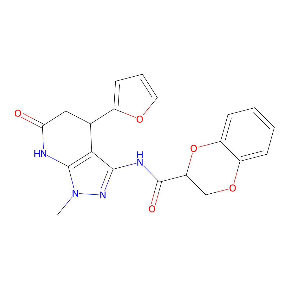 N-(4-(furan-2-yl)-1-methyl-6-oxo-4,5,6,7-tetrahydro-1H-pyrazolo[3,4-b]pyridin-3-yl)-2,3-dihydrobenzo[b][1,4]dioxine-2-carboxamide molecular structure, CAS 1203278-54-9