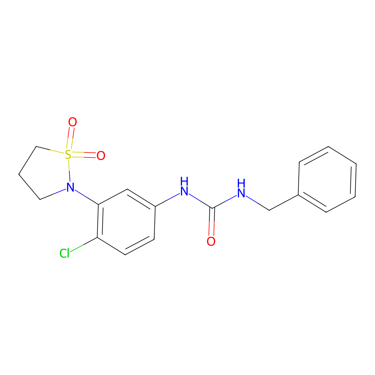 1-Benzyl-3-(4-chloro-3-(1,1-dioxidoisothiazolidin-2-yl)phenyl)urea molecular structure, CAS 1203279-32-6