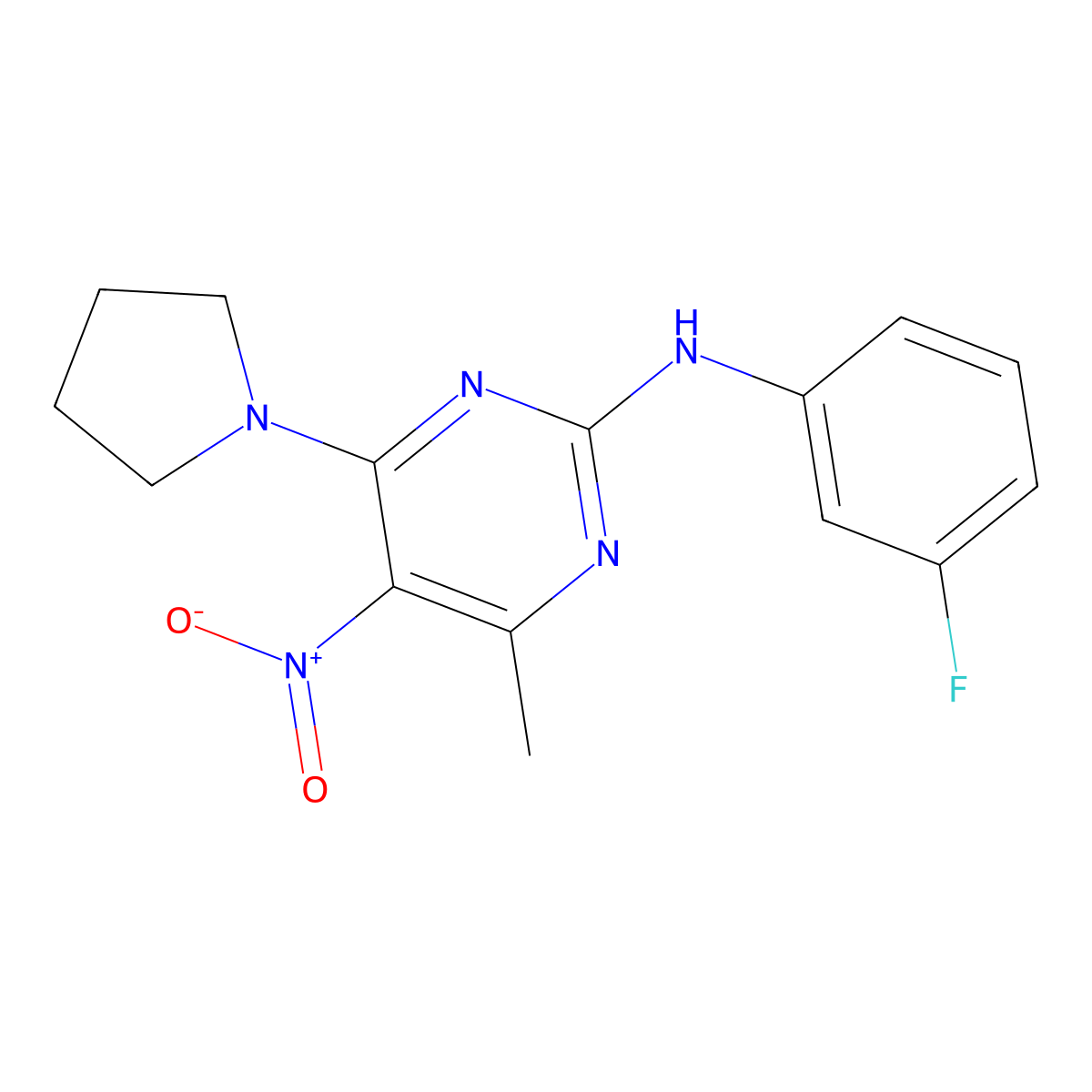 N-(3-fluorophenyl)-4-methyl-5-nitro-6-(pyrrolidin-1-yl)pyrimidin-2-amine molecular structure, CAS 1203279-34-8