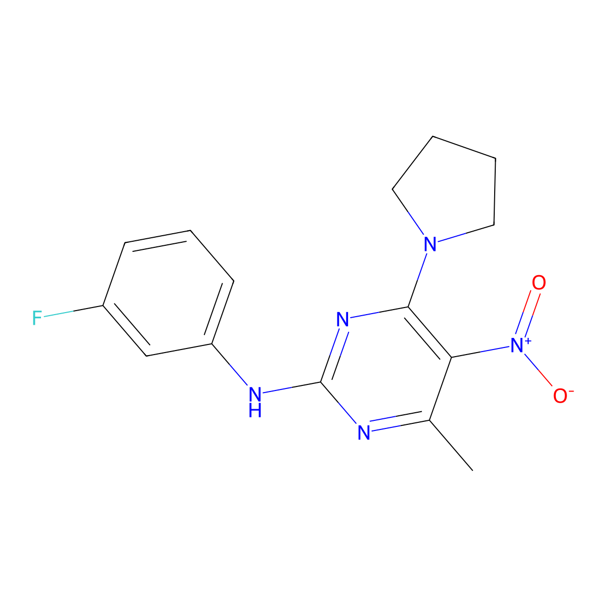 N-(3-fluorophenyl)-4-methyl-5-nitro-6-(pyrrolidin-1-yl)pyrimidin-2-amine molecular structure, CAS 1203279-34-8