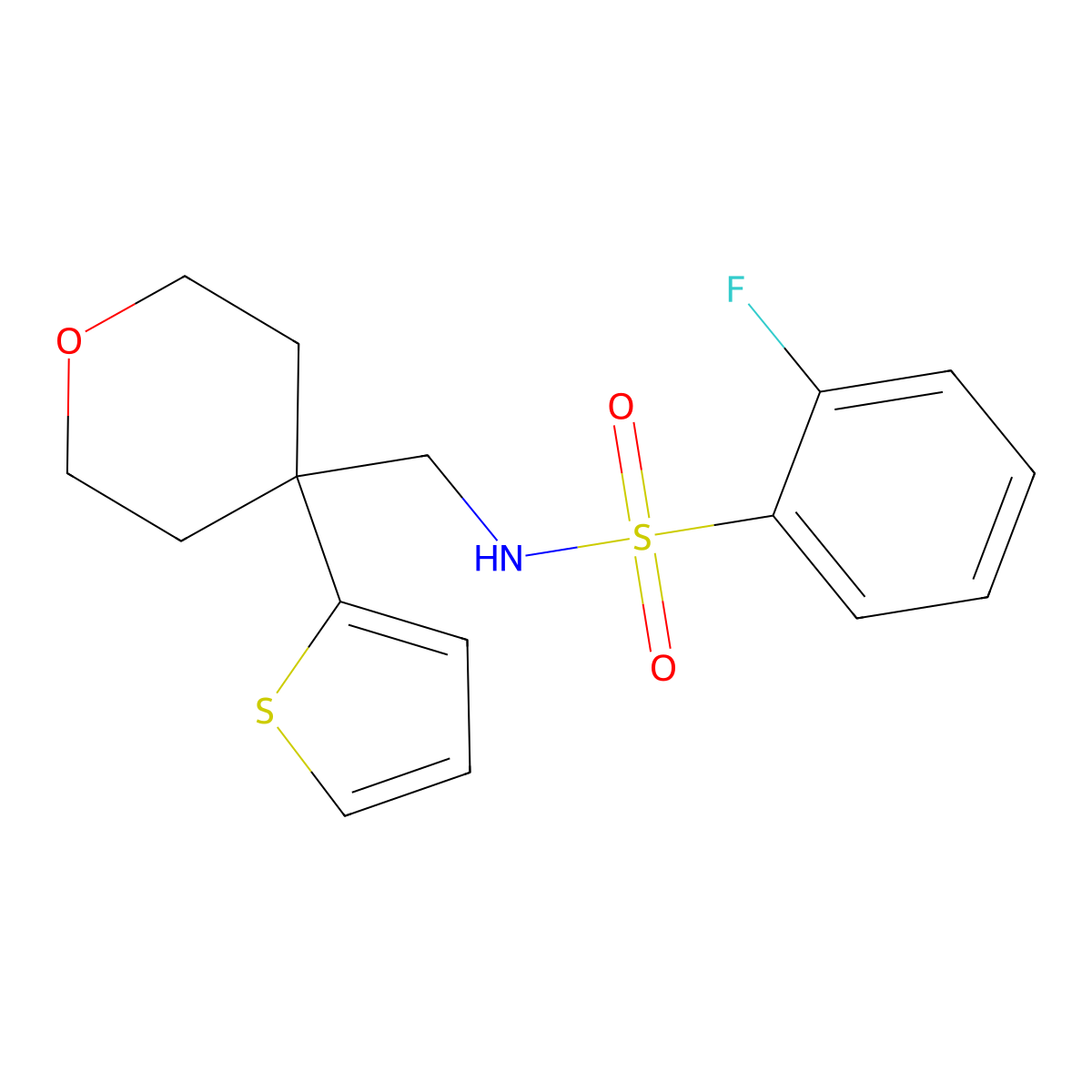 2-fluoro-N-((4-(thiophen-2-yl)tetrahydro-2H-pyran-4-yl)methyl)benzenesulfonamide molecular structure, CAS 1203279-37-1