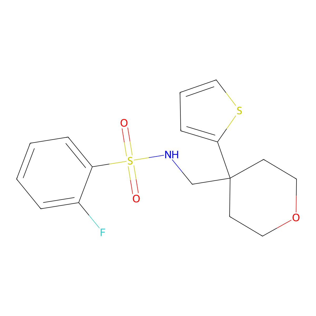 2-fluoro-N-((4-(thiophen-2-yl)tetrahydro-2H-pyran-4-yl)methyl)benzenesulfonamide molecular structure, CAS 1203279-37-1