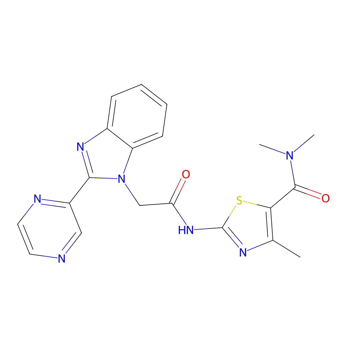 N,N,4-trimethyl-2-(2-(2-(pyrazin-2-yl)-1H-benzo[d]imidazol-1-yl)acetamido)thiazole-5-carboxamide molecular structure, CAS 1203279-47-3