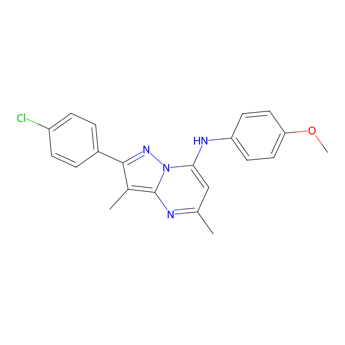 2-(4-chlorophenyl)-N-(4-methoxyphenyl)-3,5-dimethylpyrazolo[1,5-a]pyrimidin-7-amine molecular structure, CAS 1203279-54-2