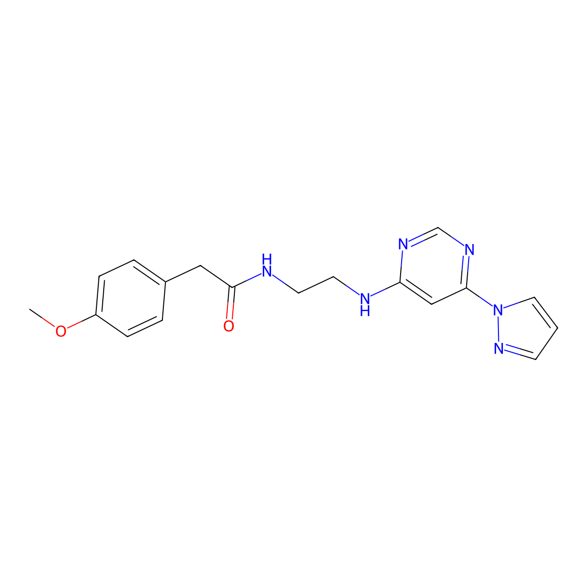 N-(2-((6-(1H-pyrazol-1-yl)pyrimidin-4-yl)amino)ethyl)-2-(4-methoxyphenyl)acetamide molecular structure, CAS 1203283-26-4