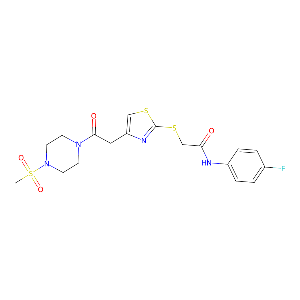 N-(4-fluorophenyl)-2-((4-(2-(4-(methylsulfonyl)piperazin-1-yl)-2-oxoethyl)thiazol-2-yl)thio)acetamide molecular structure, CAS 1203284-66-5