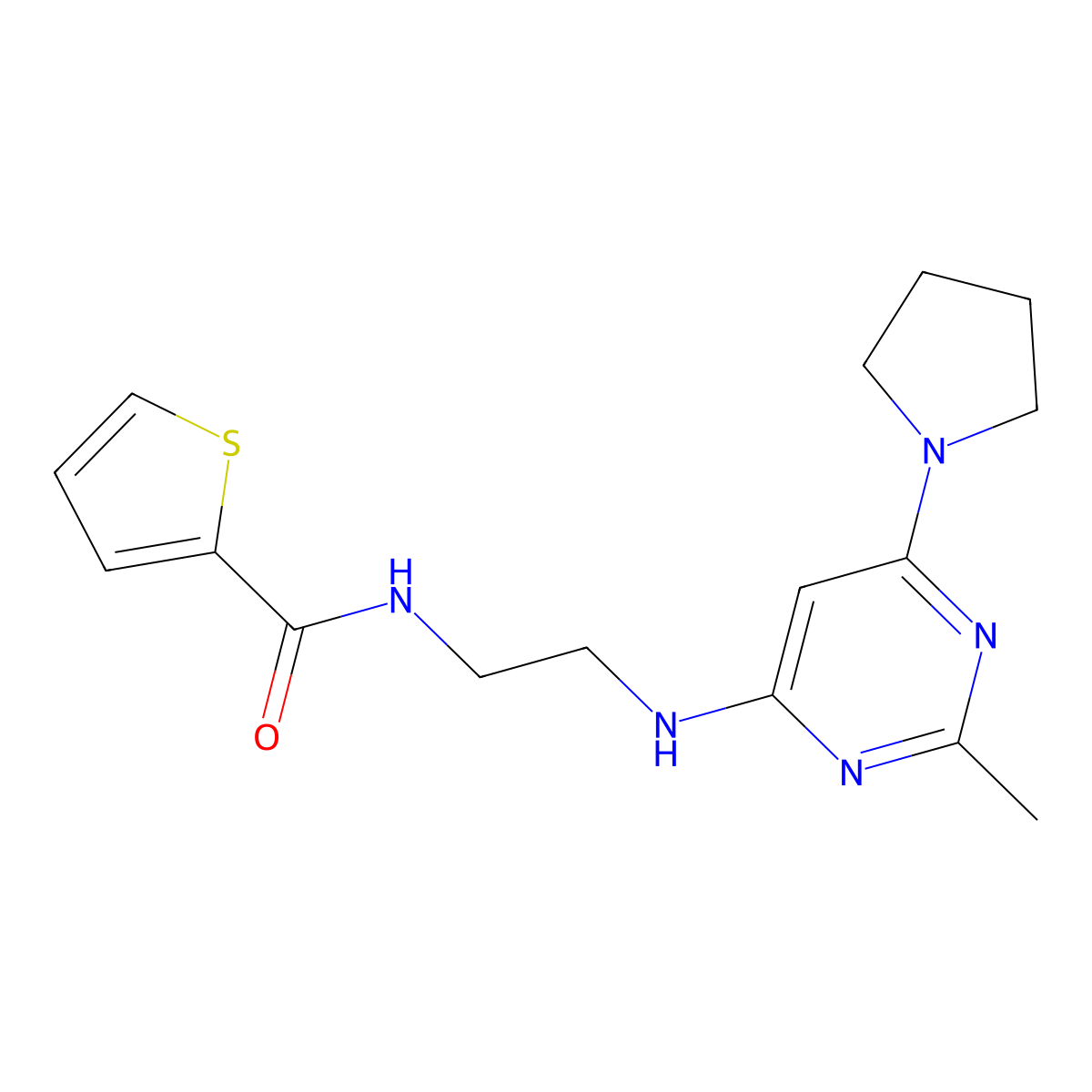 N-(2-((2-methyl-6-(pyrrolidin-1-yl)pyrimidin-4-yl)amino)ethyl)thiophene-2-carboxamide molecular structure, CAS 1203286-26-3