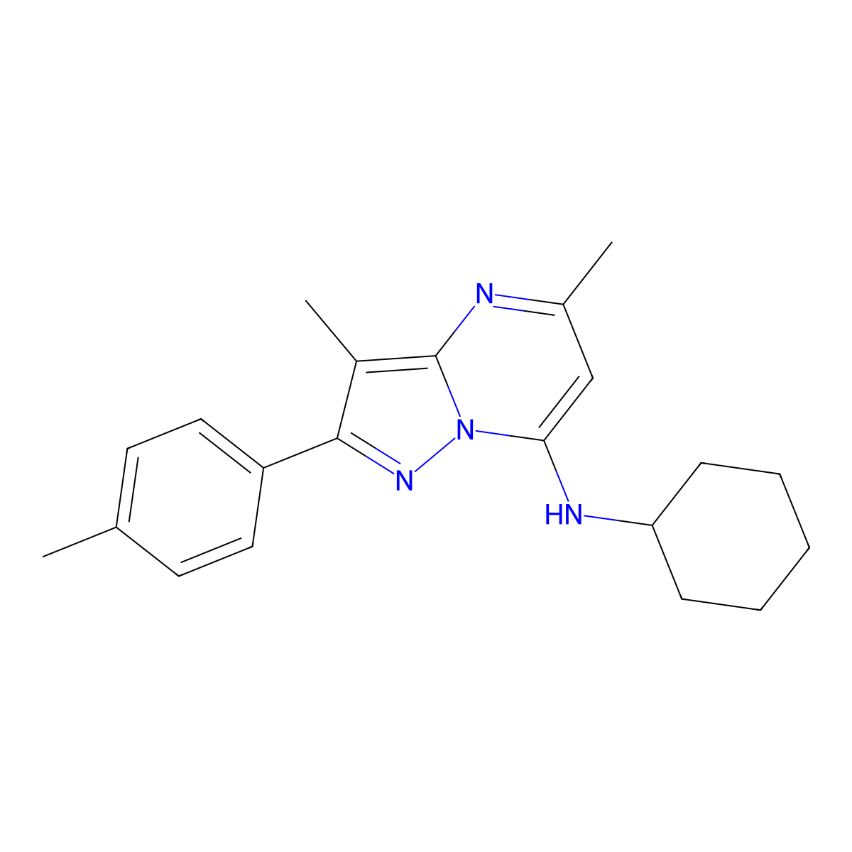 N-cyclohexyl-3,5-dimethyl-2-(4-methylphenyl)pyrazolo[1,5-a]pyrimidin-7-amine molecular structure, CAS 1203286-37-6