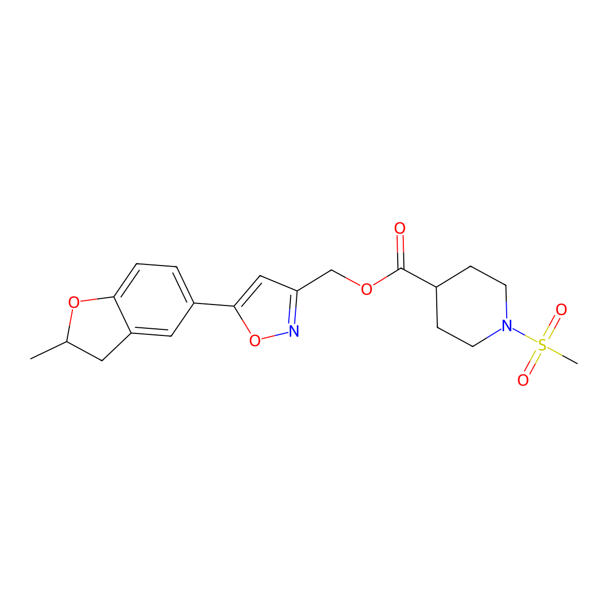 (5-(2-Methyl-2,3-dihydrobenzofuran-5-yl)isoxazol-3-yl)methyl 1-(methylsulfonyl)piperidine-4-carboxylate molecular structure, CAS 1203286-54-7