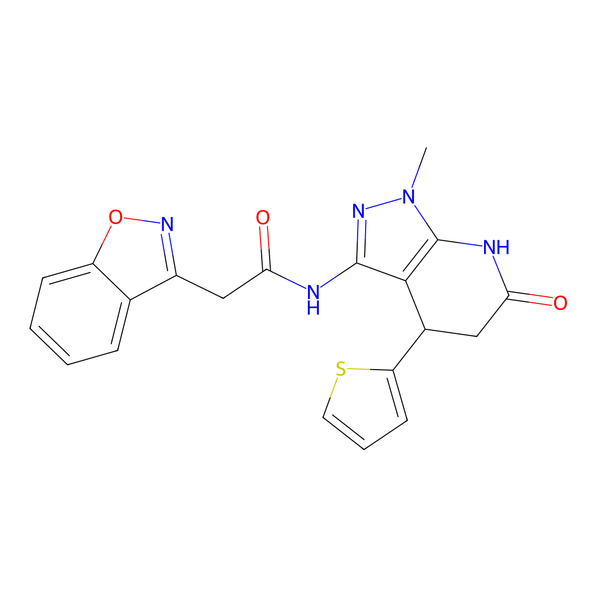 2-(benzo[d]isoxazol-3-yl)-N-(1-methyl-6-oxo-4-(thiophen-2-yl)-4,5,6,7-tetrahydro-1H-pyrazolo[3,4-b]pyridin-3-yl)acetamide molecular structure, CAS 1203286-89-8