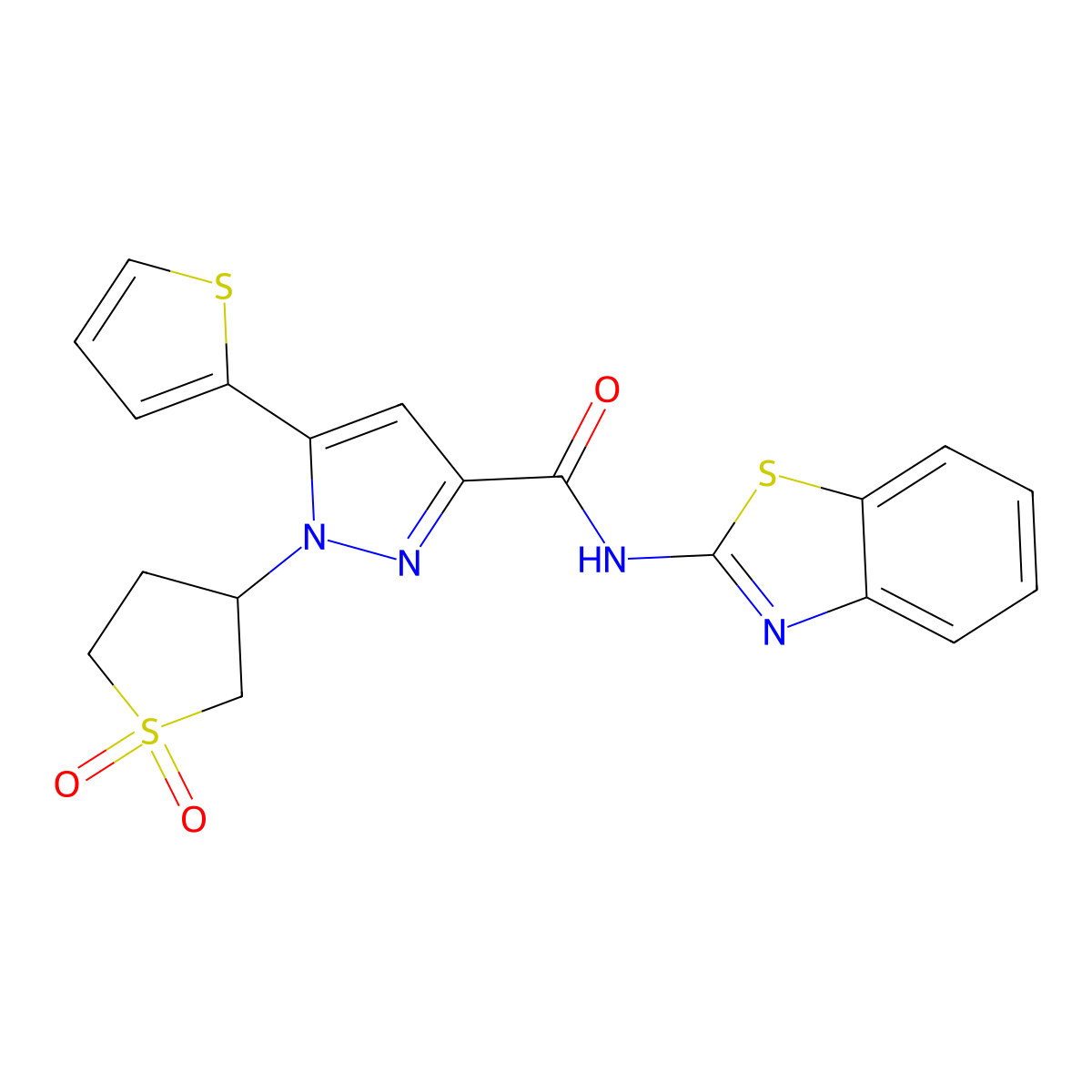 N-(benzo[d]thiazol-2-yl)-1-(1,1-dioxidotetrahydrothiophen-3-yl)-5-(thiophen-2-yl)-1H-pyrazole-3-carboxamide molecular structure, CAS 1203287-05-1