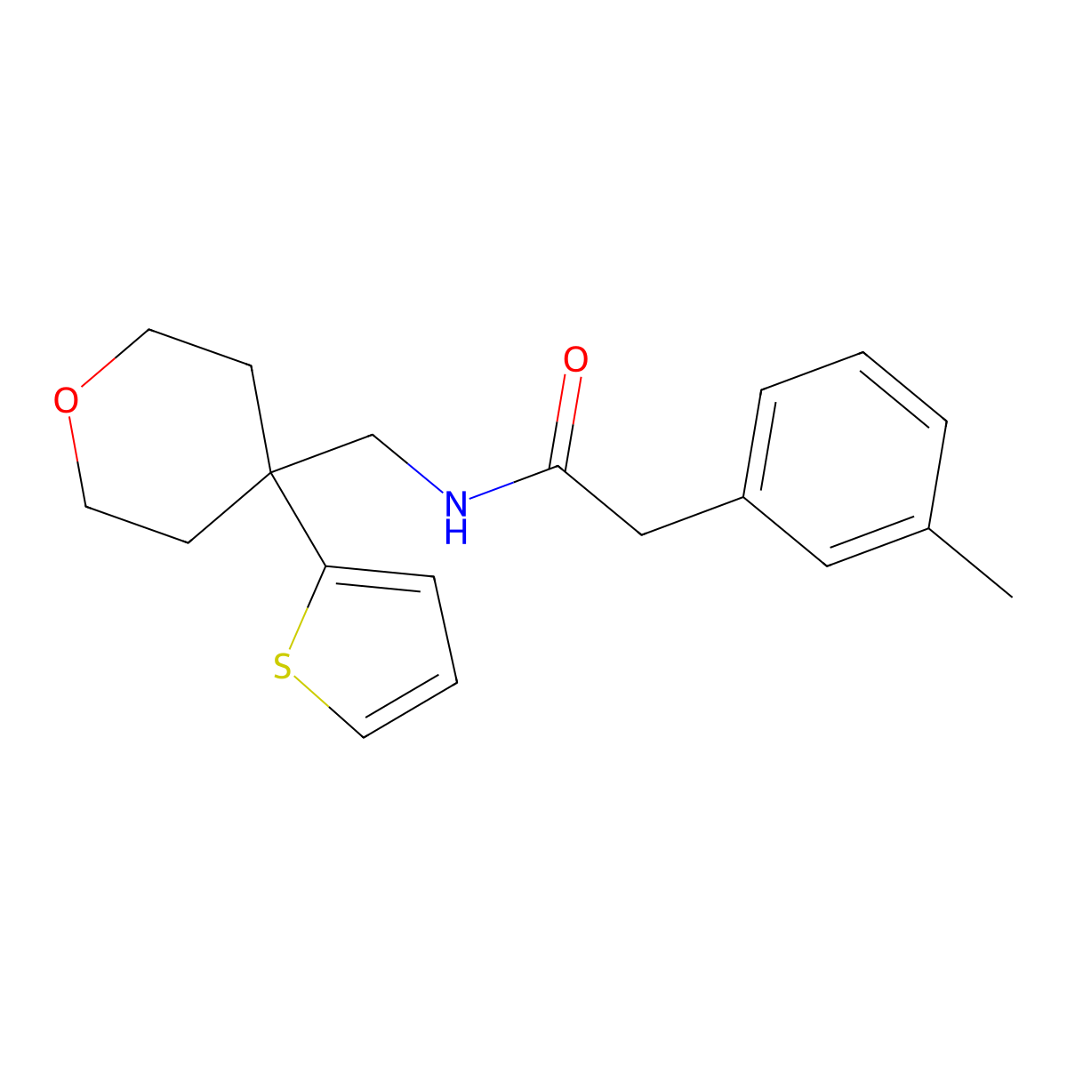N-((4-(thiophen-2-yl)tetrahydro-2H-pyran-4-yl)methyl)-2-(m-tolyl)acetamide molecular structure, CAS 1203287-51-7