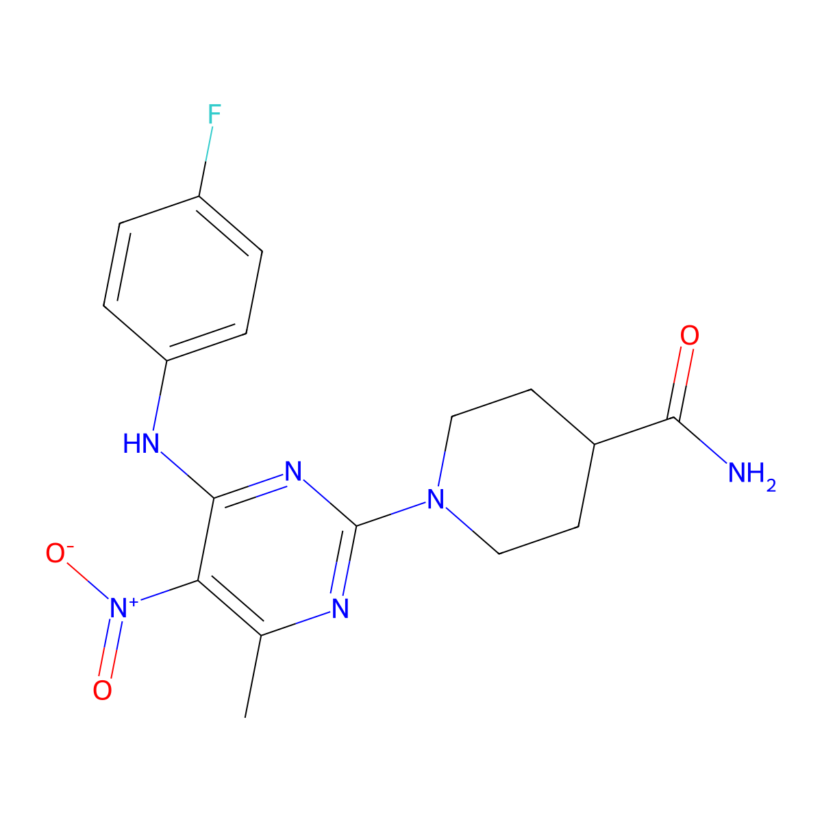 1-(4-((4-Fluorophenyl)amino)-6-methyl-5-nitropyrimidin-2-yl)piperidine-4-carboxamide molecular structure, CAS 1203287-82-4