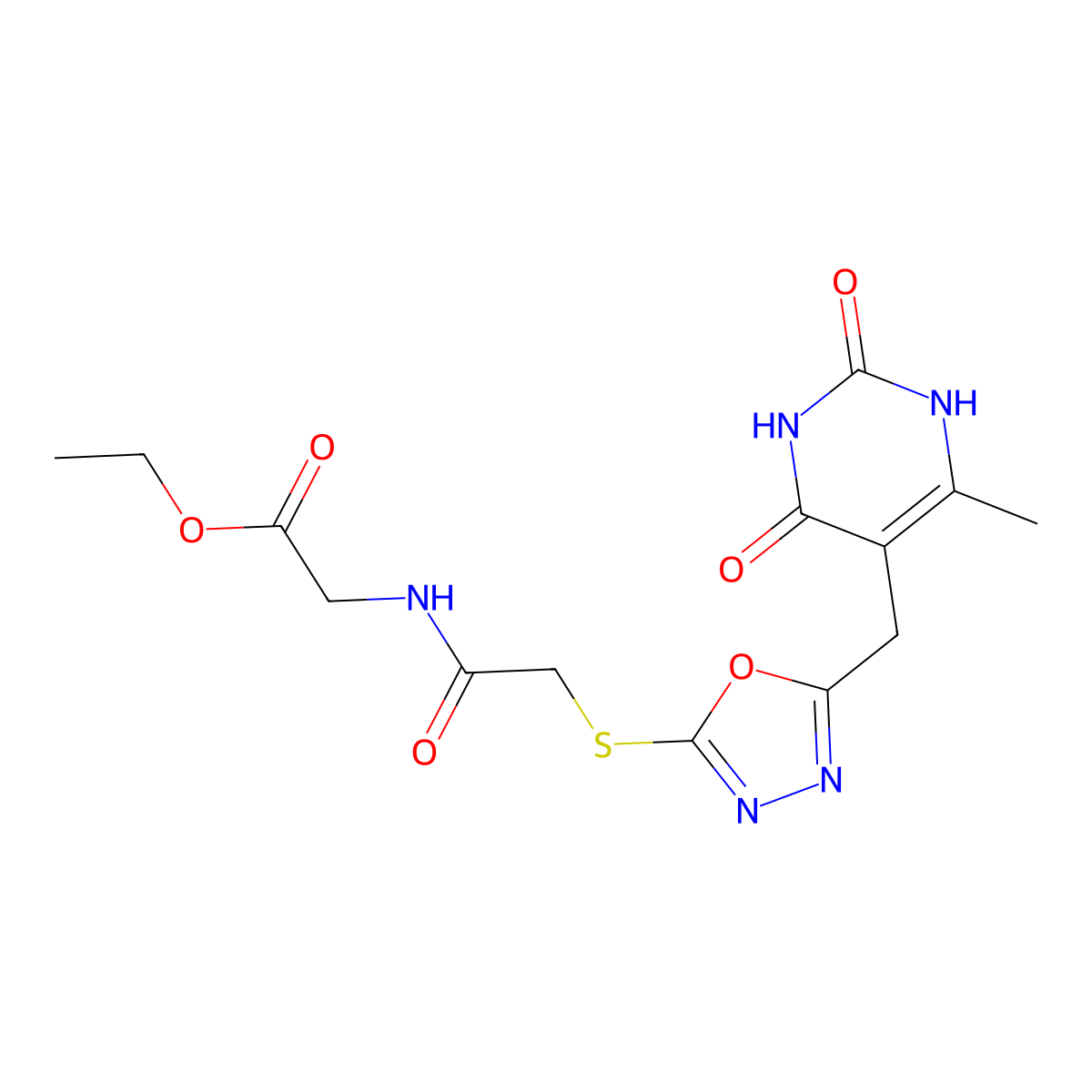 Ethyl 2-(2-((5-((6-methyl-2,4-dioxo-1,2,3,4-tetrahydropyrimidin-5-yl)methyl)-1,3,4-oxadiazol-2-yl)thio)acetamido)acetate molecular structure, CAS 1203290-37-2