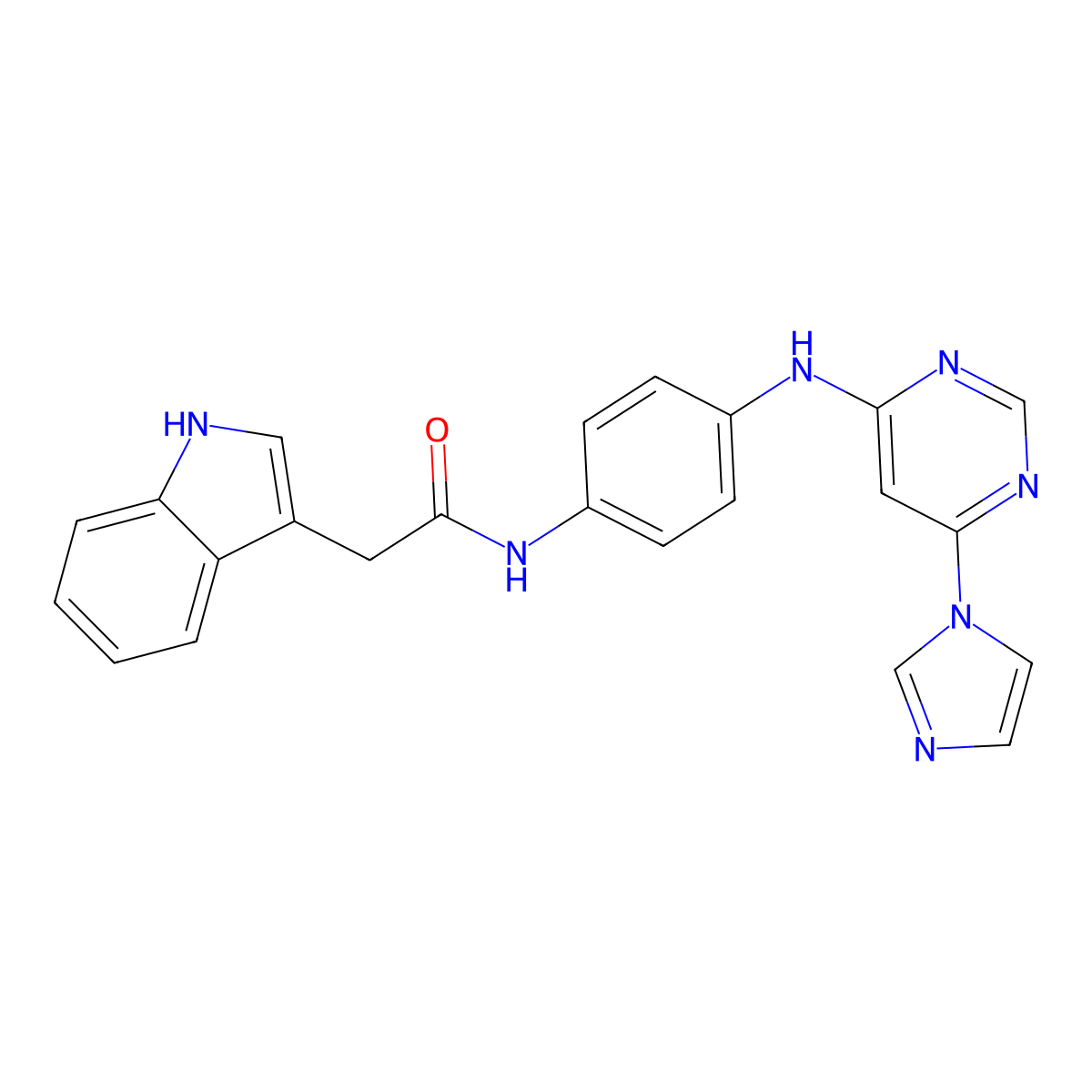 N-(4-{[6-(1H-imidazol-1-yl)pyrimidin-4-yl]amino}phenyl)-2-(1H-indol-3-yl)acetamide molecular structure, CAS 1203290-84-9
