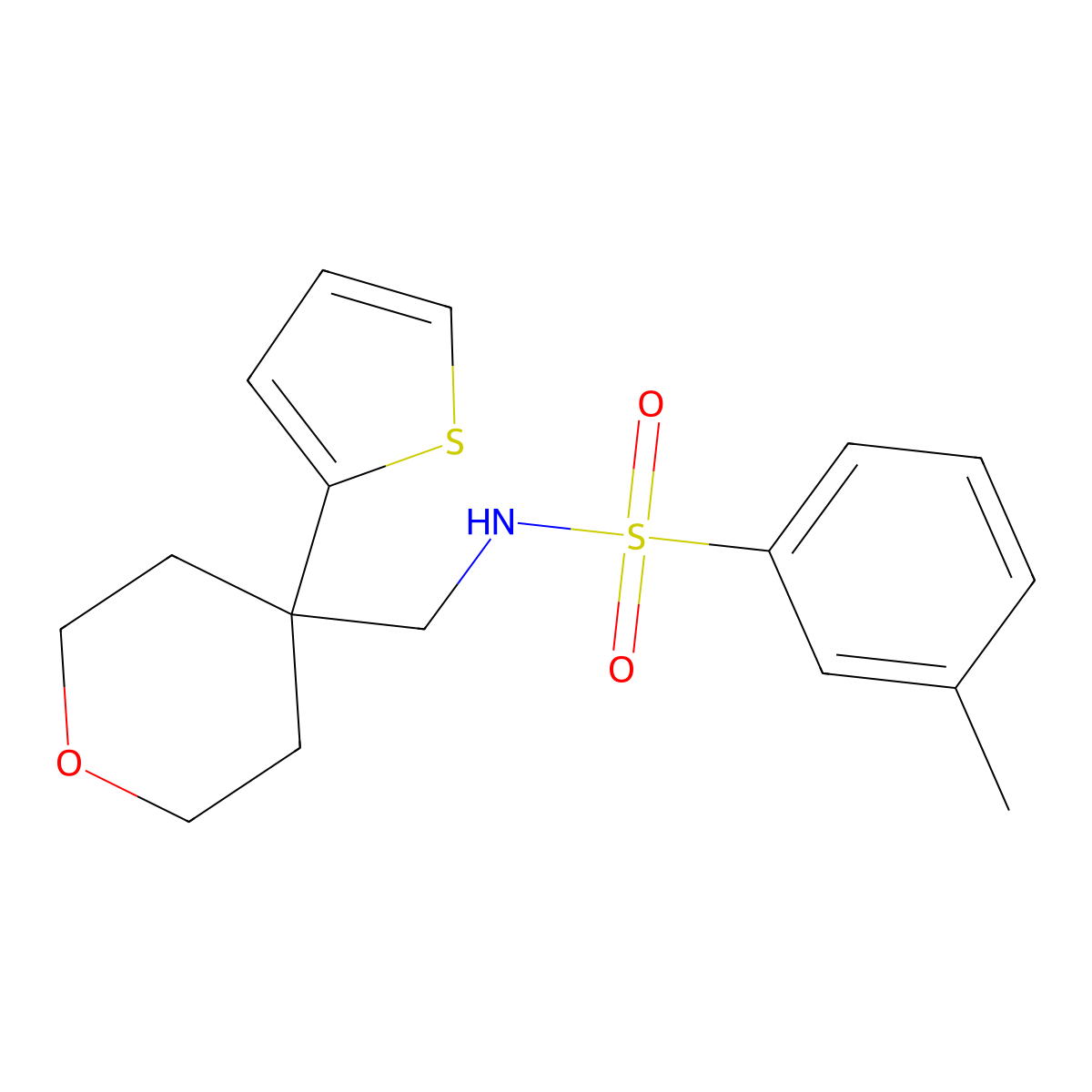 3-methyl-N-((4-(thiophen-2-yl)tetrahydro-2H-pyran-4-yl)methyl)benzenesulfonamide molecular structure, CAS 1203292-66-3