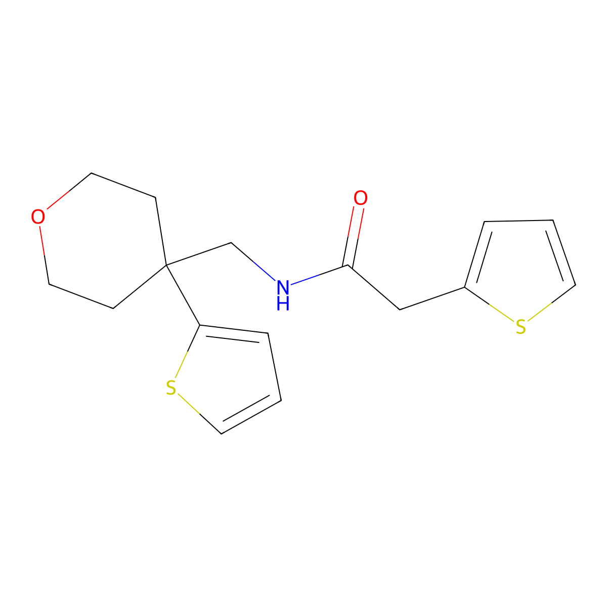 2-(thiophen-2-yl)-N-{[4-(thiophen-2-yl)oxan-4-yl]methyl}acetamide molecular structure, CAS 1203295-18-4