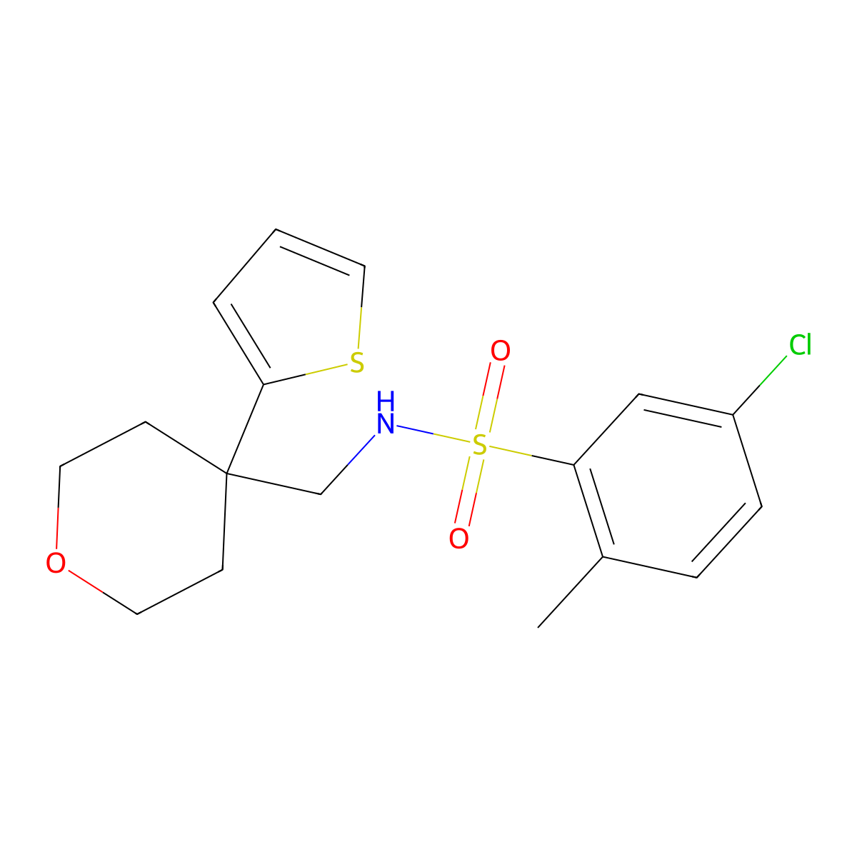 5-chloro-2-methyl-N-((4-(thiophen-2-yl)tetrahydro-2H-pyran-4-yl)methyl)benzenesulfonamide molecular structure, CAS 1203295-32-2