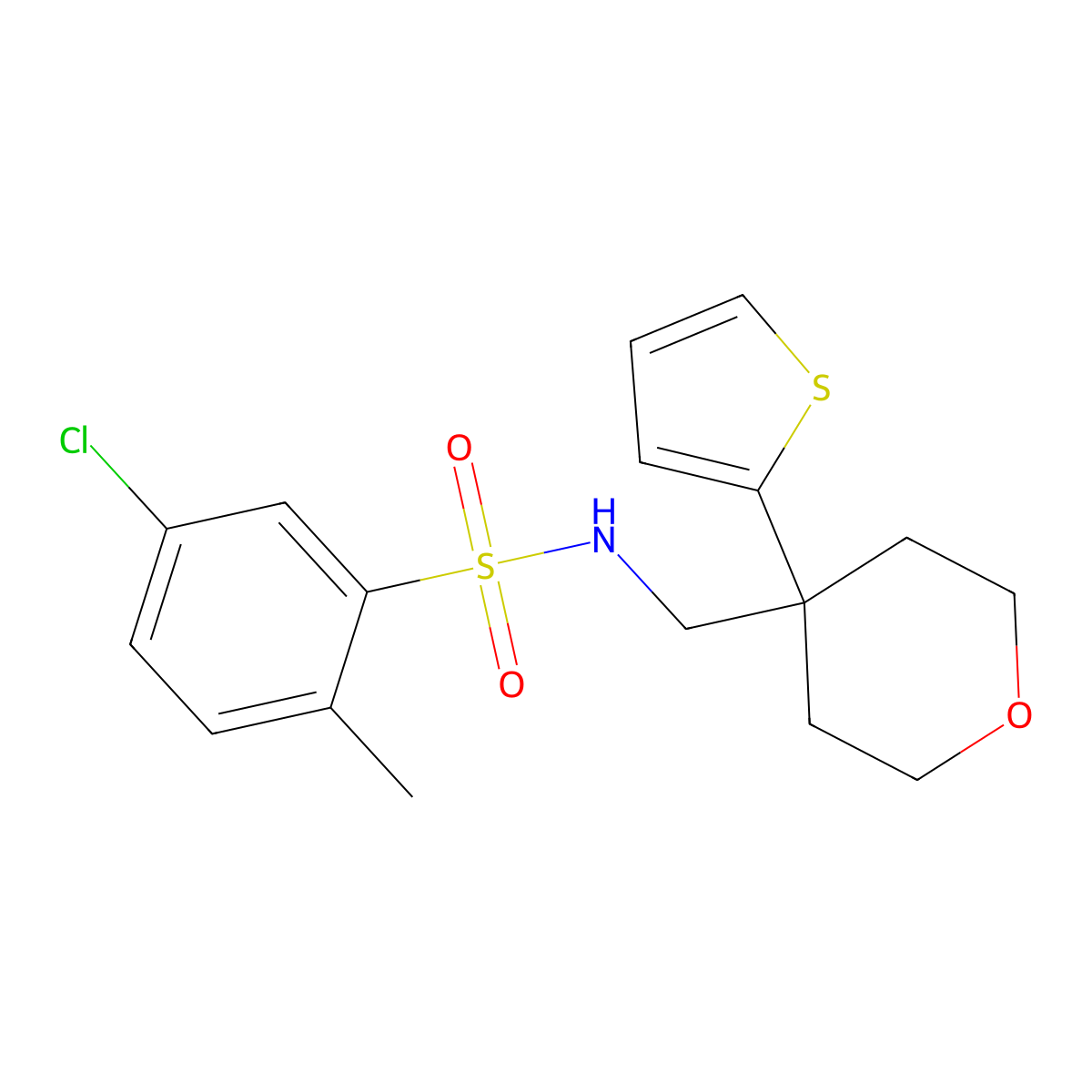 5-chloro-2-methyl-N-((4-(thiophen-2-yl)tetrahydro-2H-pyran-4-yl)methyl)benzenesulfonamide molecular structure, CAS 1203295-32-2