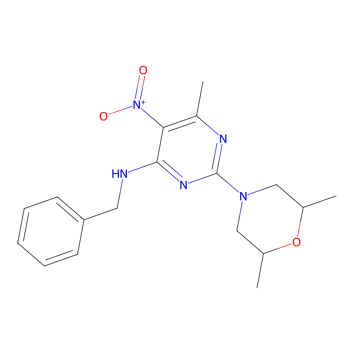 N-benzyl-2-(2,6-dimethylmorpholin-4-yl)-6-methyl-5-nitropyrimidin-4-amine molecular structure, CAS 1203296-03-0
