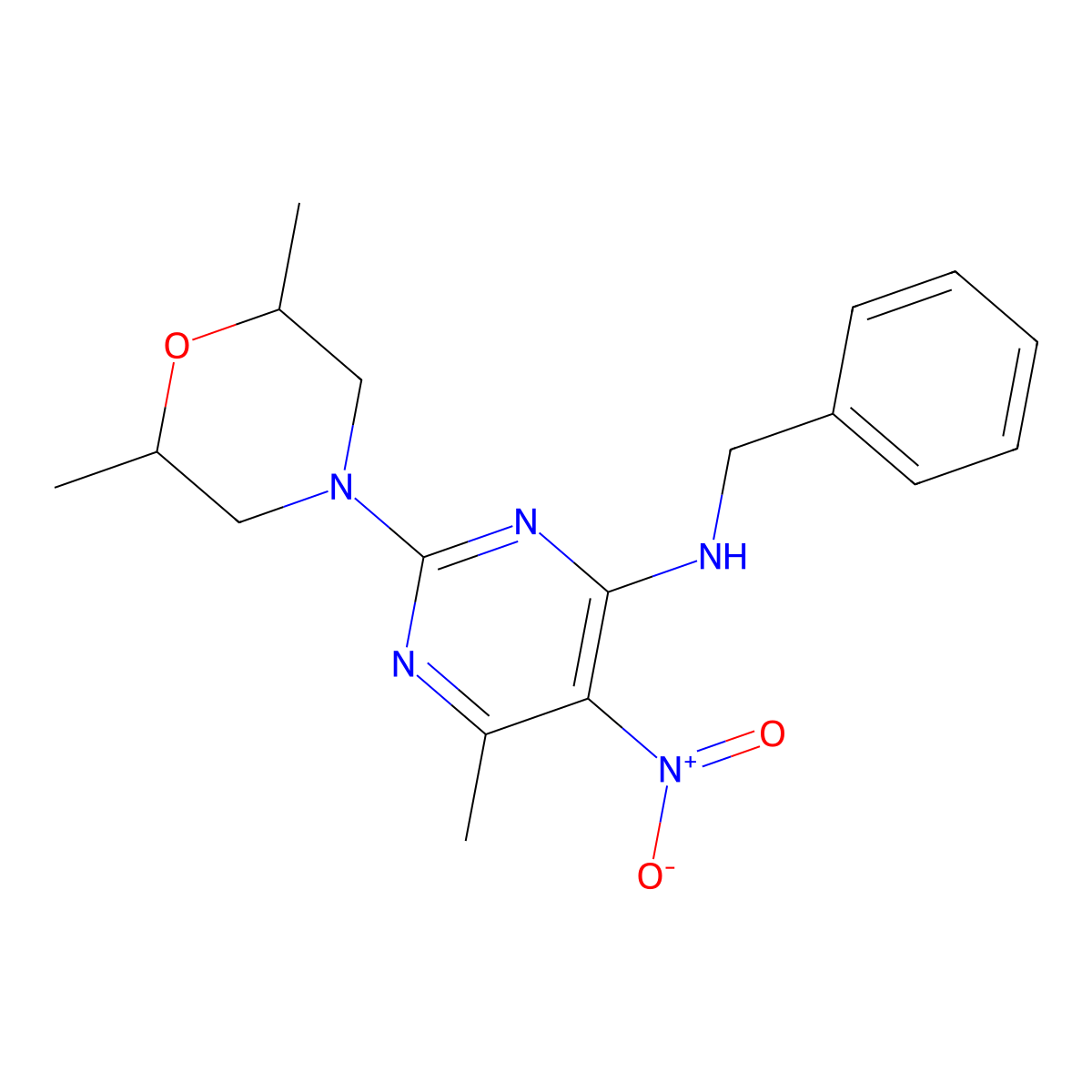 N-benzyl-2-(2,6-dimethylmorpholin-4-yl)-6-methyl-5-nitropyrimidin-4-amine molecular structure, CAS 1203296-03-0