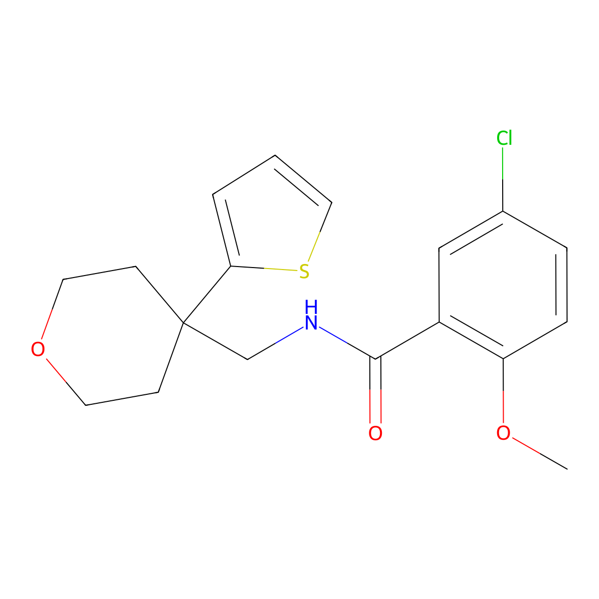 5-chloro-2-methoxy-N-((4-(thiophen-2-yl)tetrahydro-2H-pyran-4-yl)methyl)benzamide molecular structure, CAS 1203297-06-6