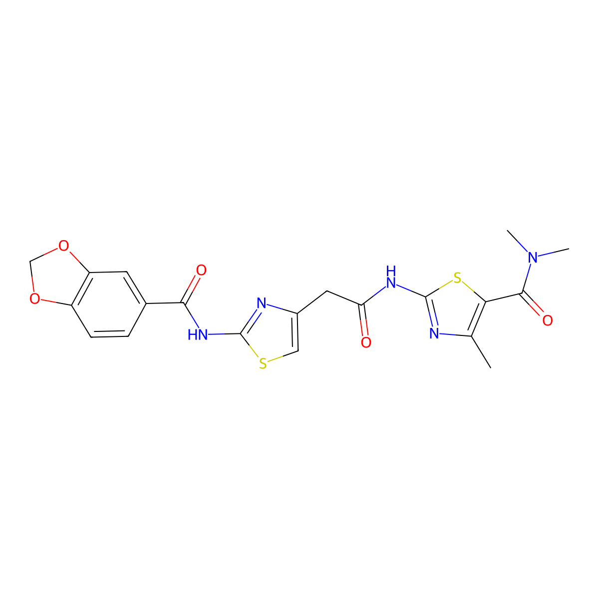 2-(2-(2-(benzo[d][1,3]dioxole-5-carboxamido)thiazol-4-yl)acetamido)-N,N,4-trimethylthiazole-5-carboxamide molecular structure, CAS 1203298-36-5