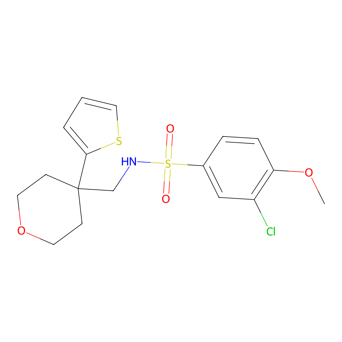 3-chloro-4-methoxy-N-((4-(thiophen-2-yl)tetrahydro-2H-pyran-4-yl)methyl)benzenesulfonamide molecular structure, CAS 1203299-40-4