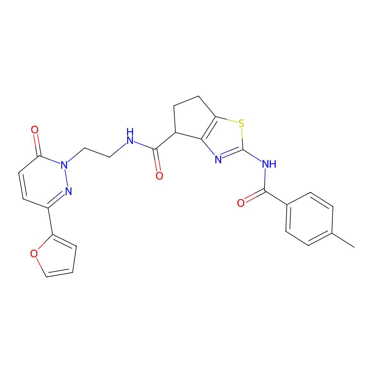 N-(2-(3-(furan-2-yl)-6-oxopyridazin-1(6H)-yl)ethyl)-2-(4-methylbenzamido)-5,6-dihydro-4H-cyclopenta[d]thiazole-4-carboxamide molecular structure, CAS 1203300-40-6