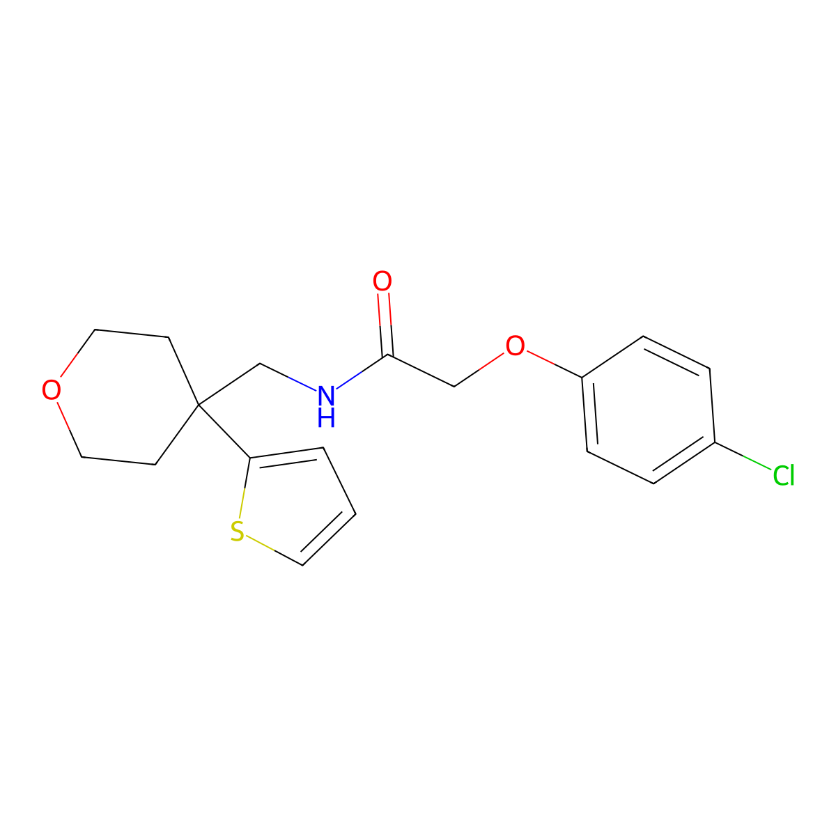 2-(4-chlorophenoxy)-N-((4-(thiophen-2-yl)tetrahydro-2H-pyran-4-yl)methyl)acetamide molecular structure, CAS 1203301-06-7