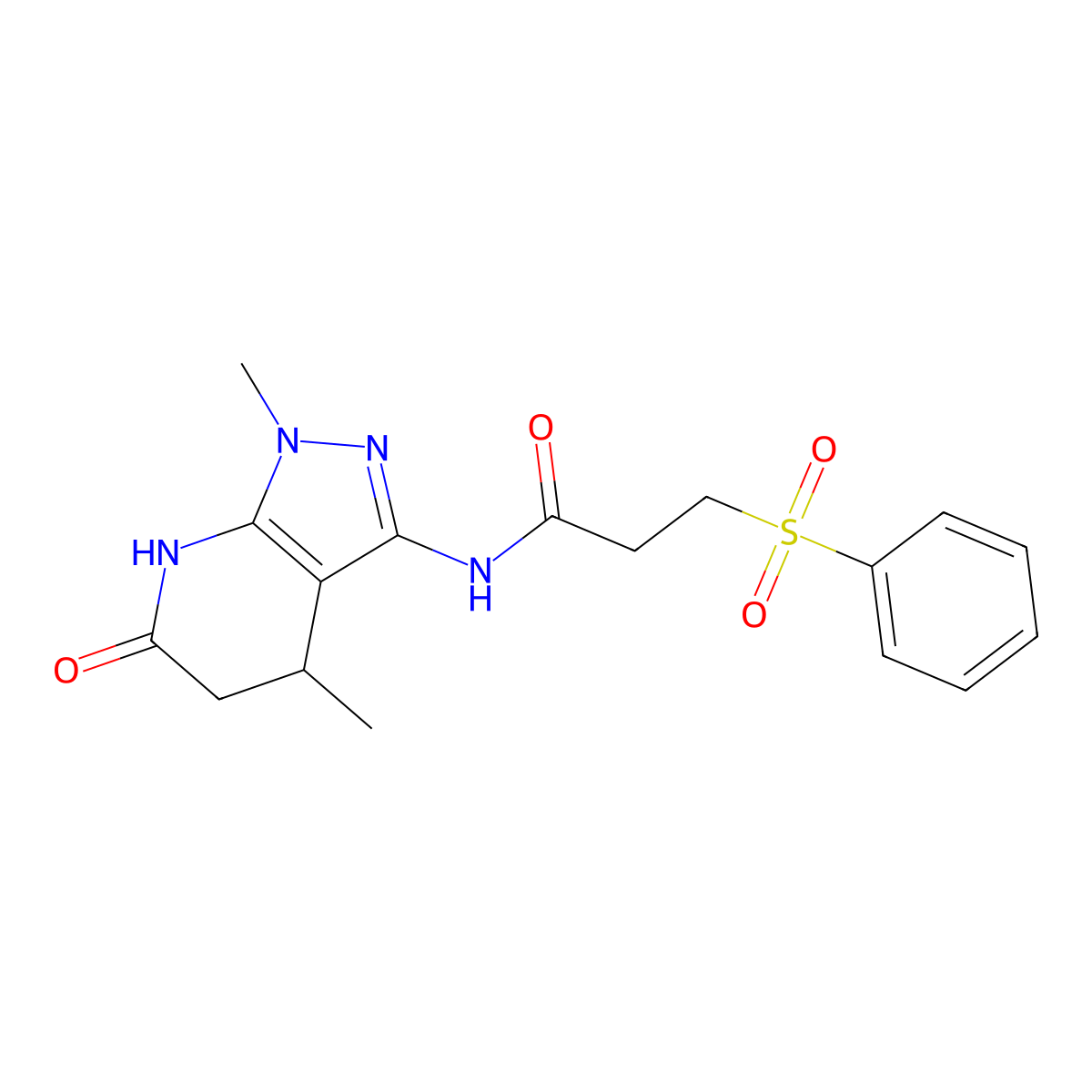 N-(1,4-dimethyl-6-oxo-4,5,6,7-tetrahydro-1H-pyrazolo[3,4-b]pyridin-3-yl)-3-(phenylsulfonyl)propanamide molecular structure, CAS 1203301-91-0