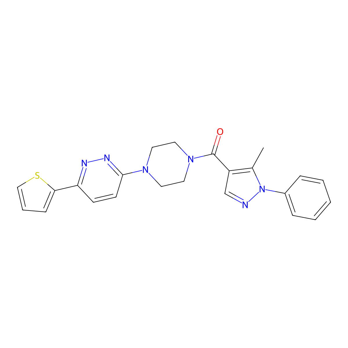 (5-methyl-1-phenyl-1H-pyrazol-4-yl)(4-(6-(thiophen-2-yl)pyridazin-3-yl)piperazin-1-yl)methanone molecular structure, CAS 1203302-31-1