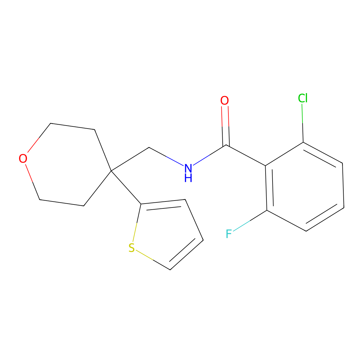 2-chloro-6-fluoro-N-((4-(thiophen-2-yl)tetrahydro-2H-pyran-4-yl)methyl)benzamide molecular structure, CAS 1203302-59-3