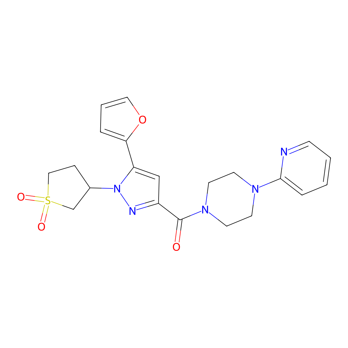 (1-(1,1-dioxidotetrahydrothiophen-3-yl)-5-(furan-2-yl)-1H-pyrazol-3-yl)(4-(pyridin-2-yl)piperazin-1-yl)methanone molecular structure, CAS 1203302-68-4