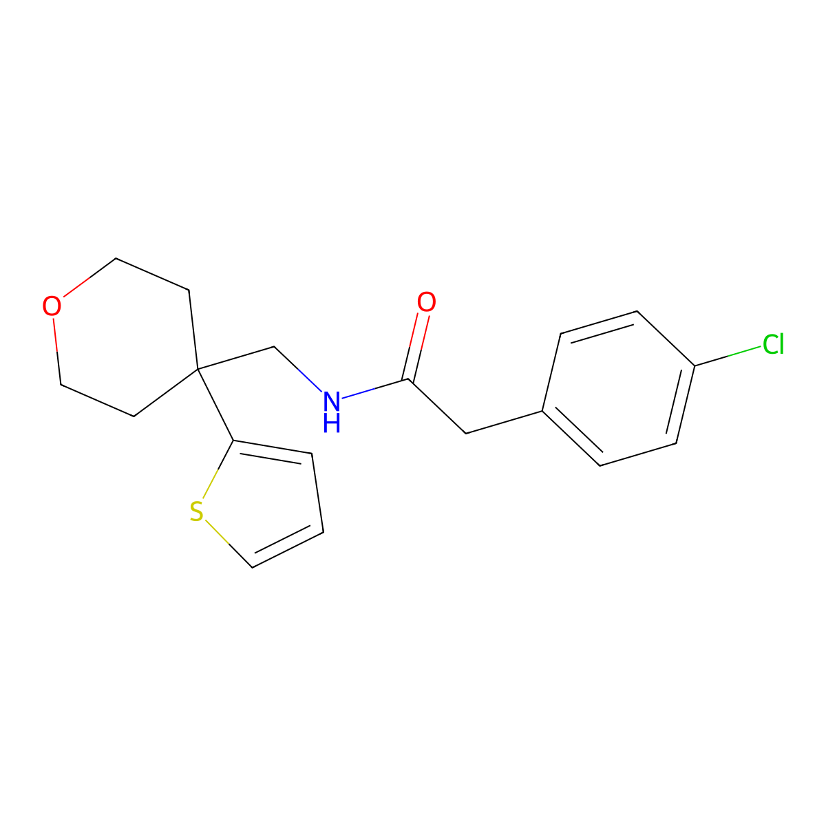 2-(4-chlorophenyl)-N-((4-(thiophen-2-yl)tetrahydro-2H-pyran-4-yl)methyl)acetamide molecular structure, CAS 1203302-84-4