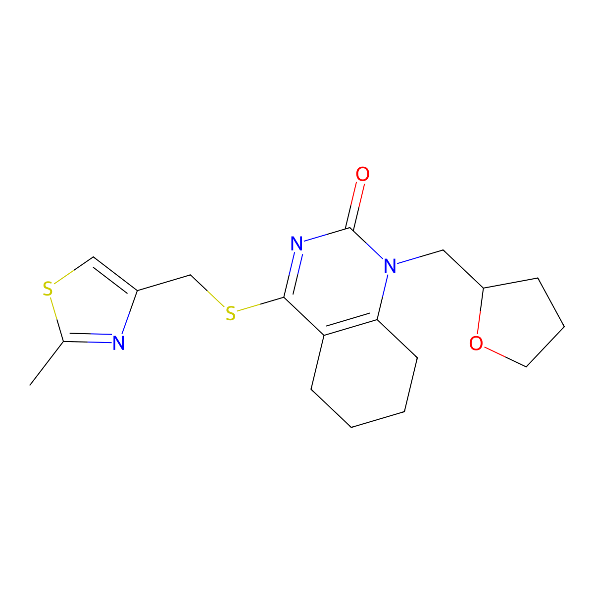 4-(((2-methylthiazol-4-yl)methyl)thio)-1-((tetrahydrofuran-2-yl)methyl)-5,6,7,8-tetrahydroquinazolin-2(1H)-one molecular structure, CAS 1203303-18-7