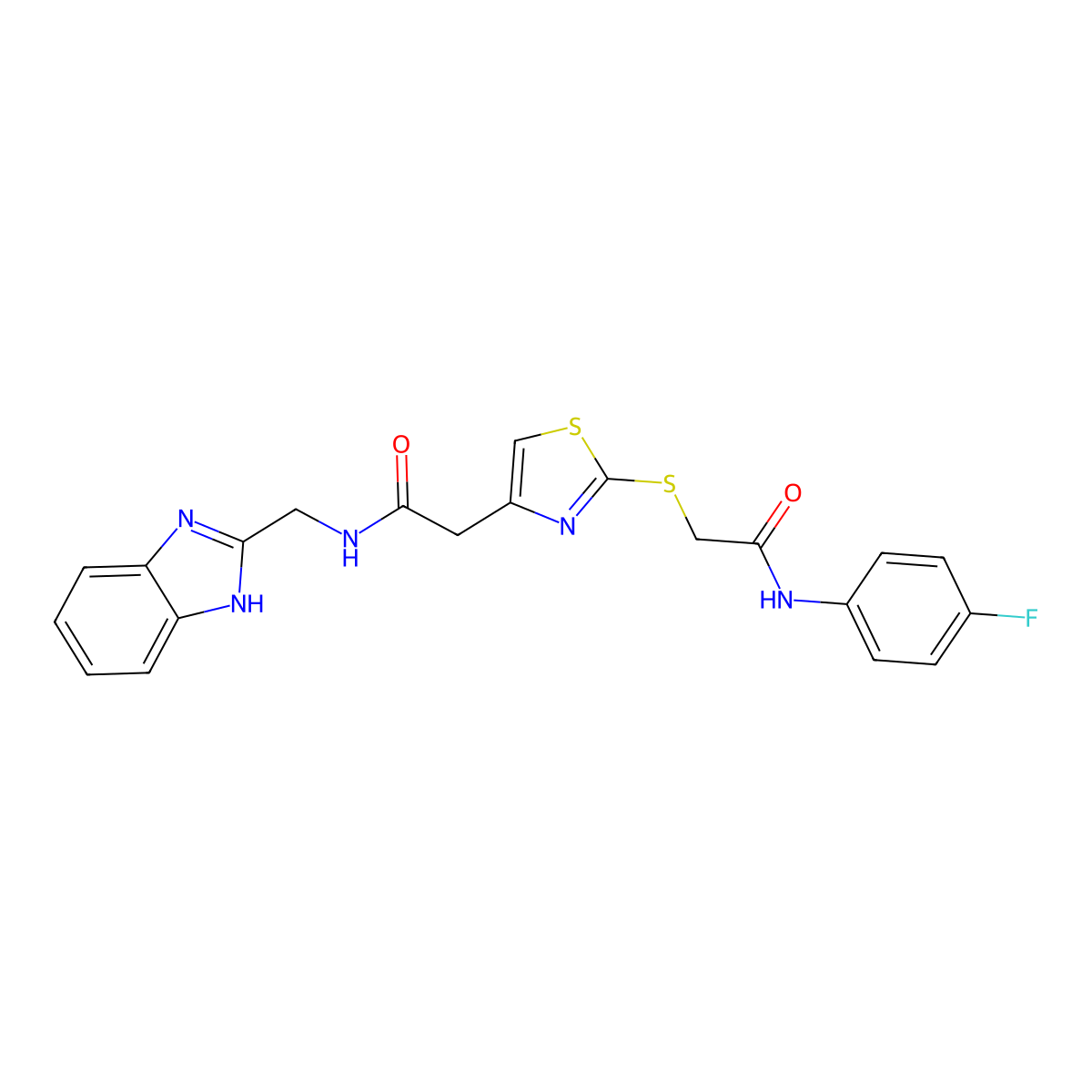 N-((1H-benzo[d]imidazol-2-yl)methyl)-2-(2-((2-((4-fluorophenyl)amino)-2-oxoethyl)thio)thiazol-4-yl)acetamide molecular structure, CAS 1203304-16-8