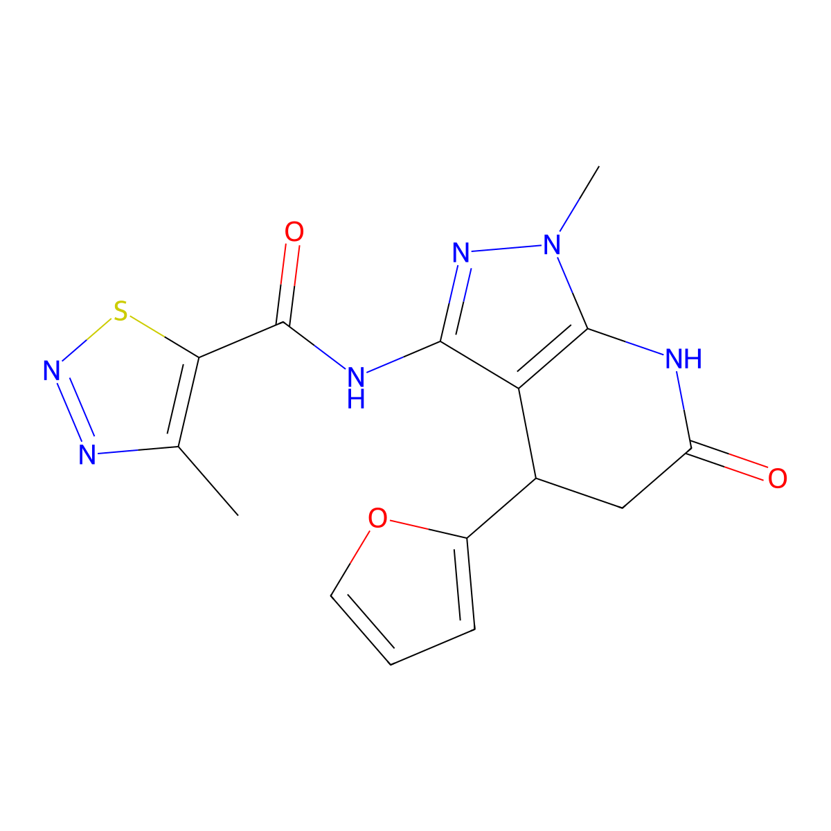N-(4-(furan-2-yl)-1-methyl-6-oxo-4,5,6,7-tetrahydro-1H-pyrazolo[3,4-b]pyridin-3-yl)-4-methyl-1,2,3-thiadiazole-5-carboxamide molecular structure, CAS 1203304-74-8
