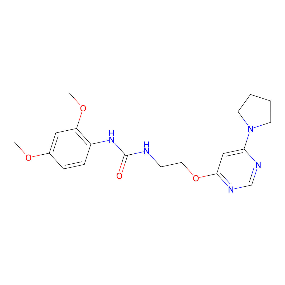 1-(2,4-Dimethoxyphenyl)-3-(2-{[6-(pyrrolidin-1-yl)pyrimidin-4-yl]oxy}ethyl)urea molecular structure, CAS 1203307-14-5