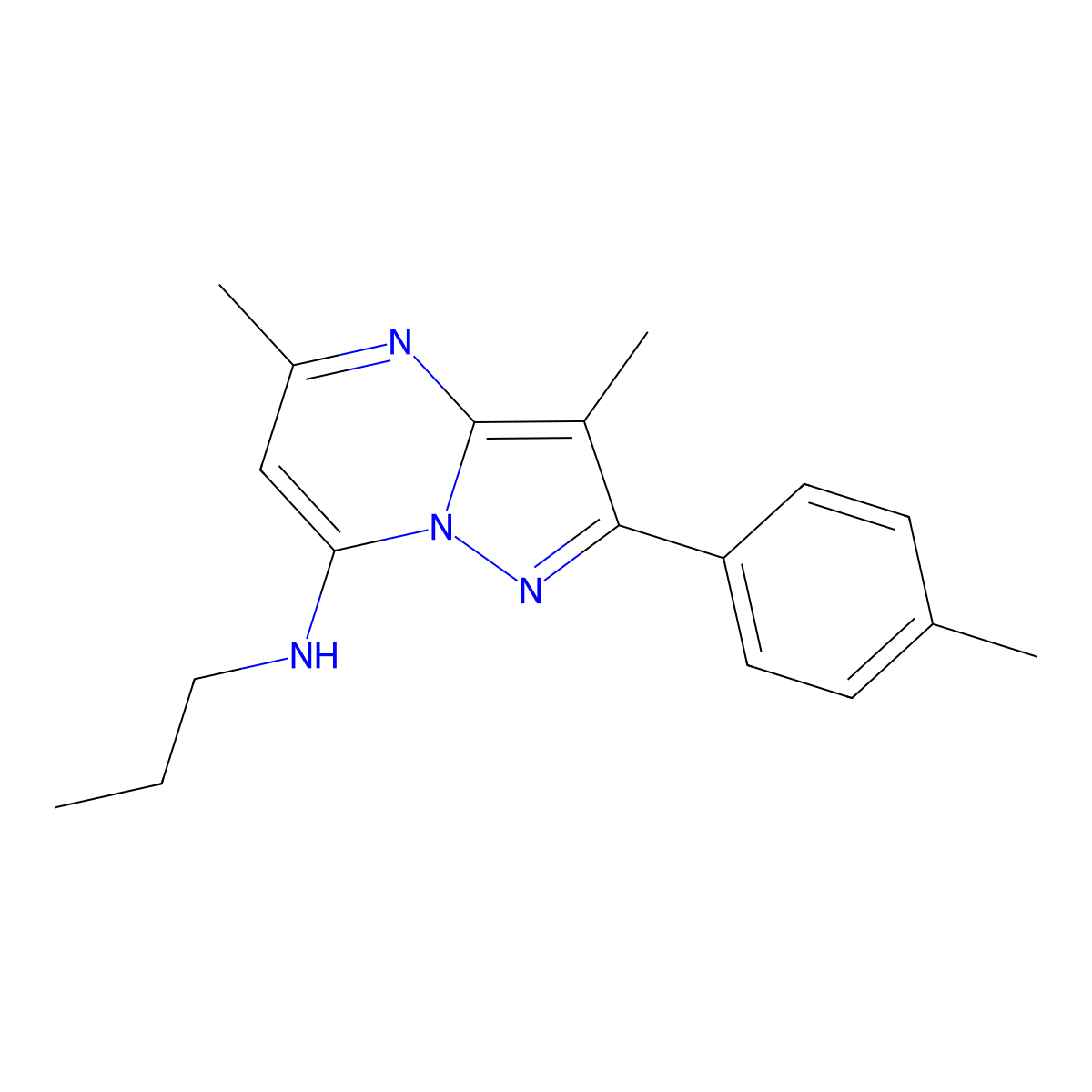 3,5-dimethyl-2-(4-methylphenyl)-N-propylpyrazolo[1,5-a]pyrimidin-7-amine molecular structure, CAS 1203307-35-0