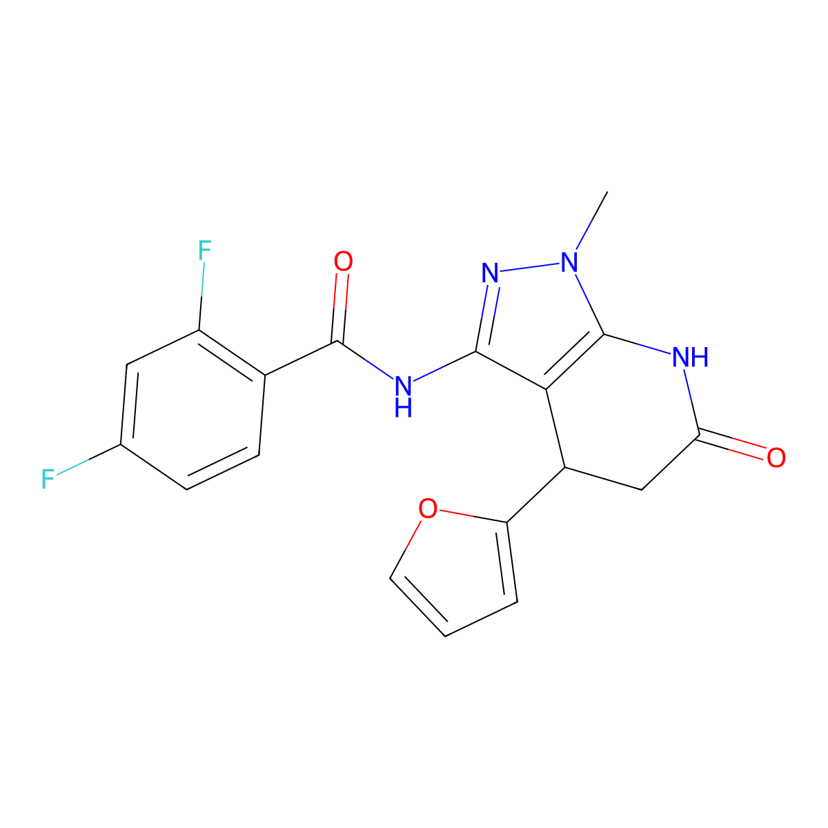 2,4-difluoro-N-(4-(furan-2-yl)-1-methyl-6-oxo-4,5,6,7-tetrahydro-1H-pyrazolo[3,4-b]pyridin-3-yl)benzamide molecular structure, CAS 1203308-92-2