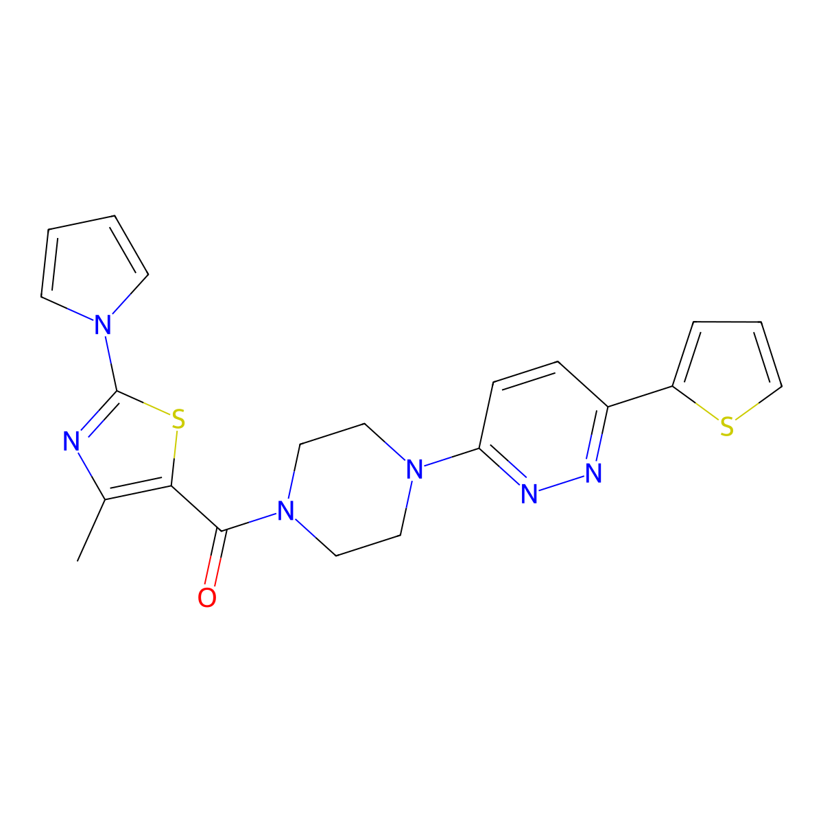 (4-methyl-2-(1H-pyrrol-1-yl)thiazol-5-yl)(4-(6-(thiophen-2-yl)pyridazin-3-yl)piperazin-1-yl)methanone molecular structure, CAS 1203308-97-7