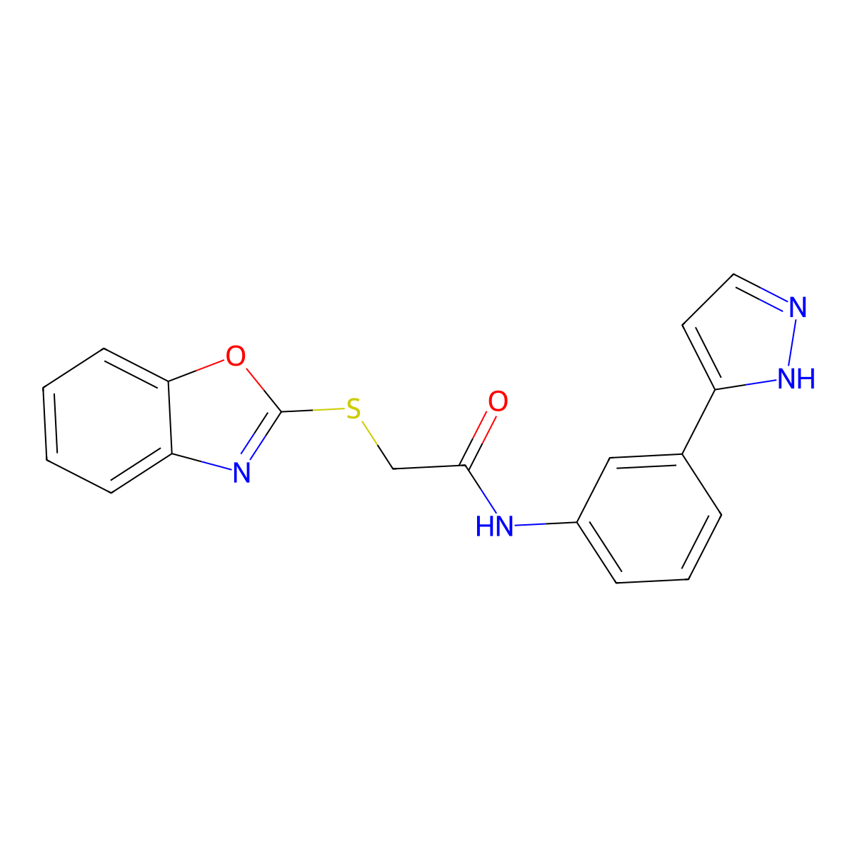 N-(3-(1H-pyrazol-3-yl)phenyl)-2-(benzo[d]oxazol-2-ylthio)acetamide molecular structure, CAS 1203313-23-8