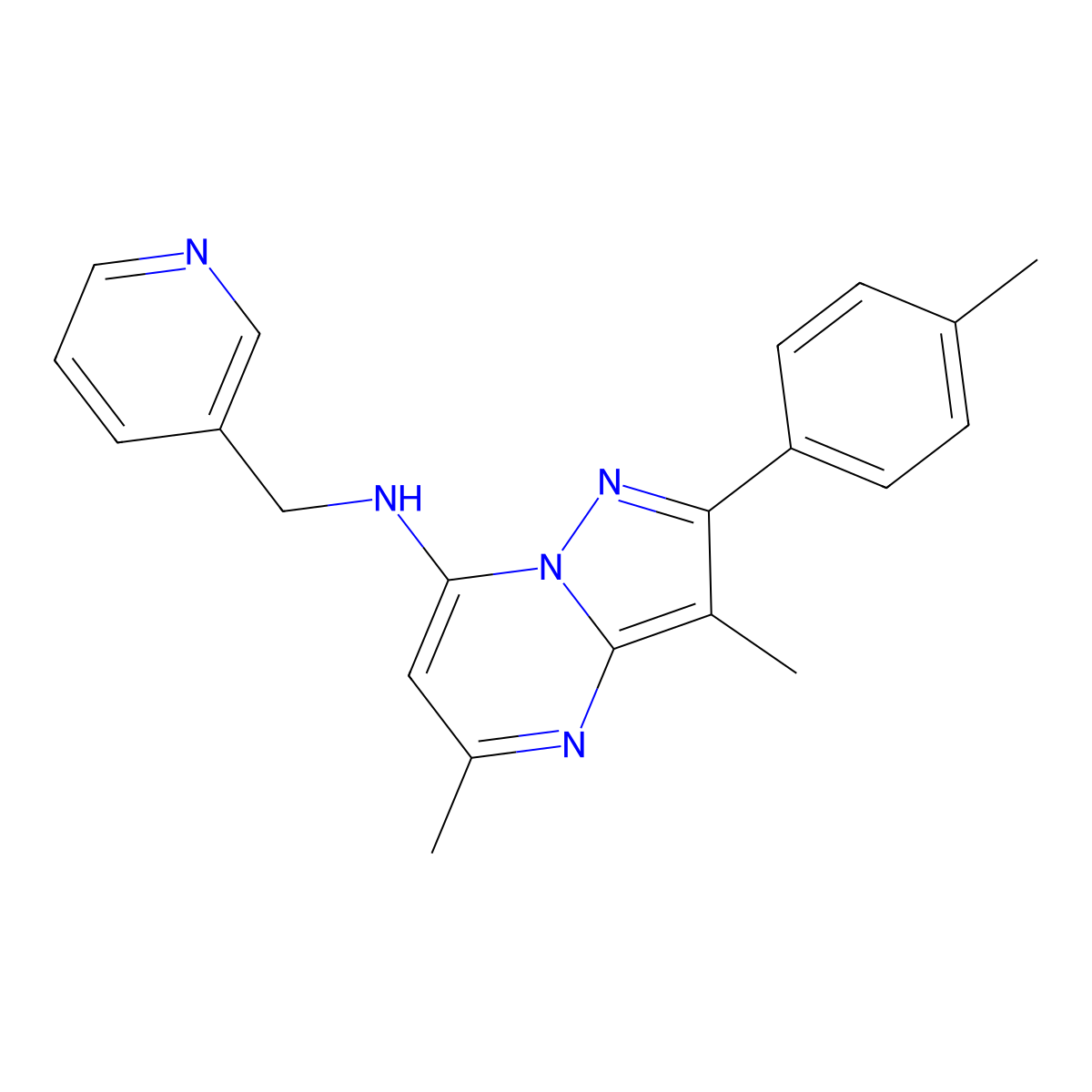 3,5-dimethyl-2-(4-methylphenyl)-N-(pyridin-3-ylmethyl)pyrazolo[1,5-a]pyrimidin-7-amine molecular structure, CAS 1203313-73-8