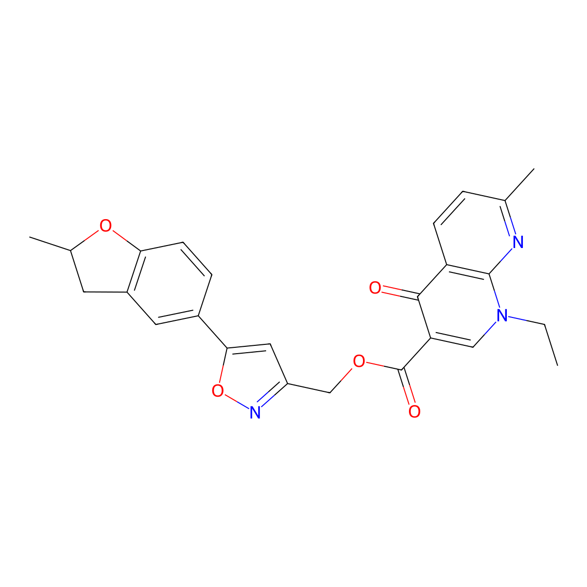 (5-(2-Methyl-2,3-dihydrobenzofuran-5-yl)isoxazol-3-yl)methyl 1-ethyl-7-methyl-4-oxo-1,4-dihydro-1,8-naphthyridine-3-carboxylate molecular structure, CAS 1203314-02-6