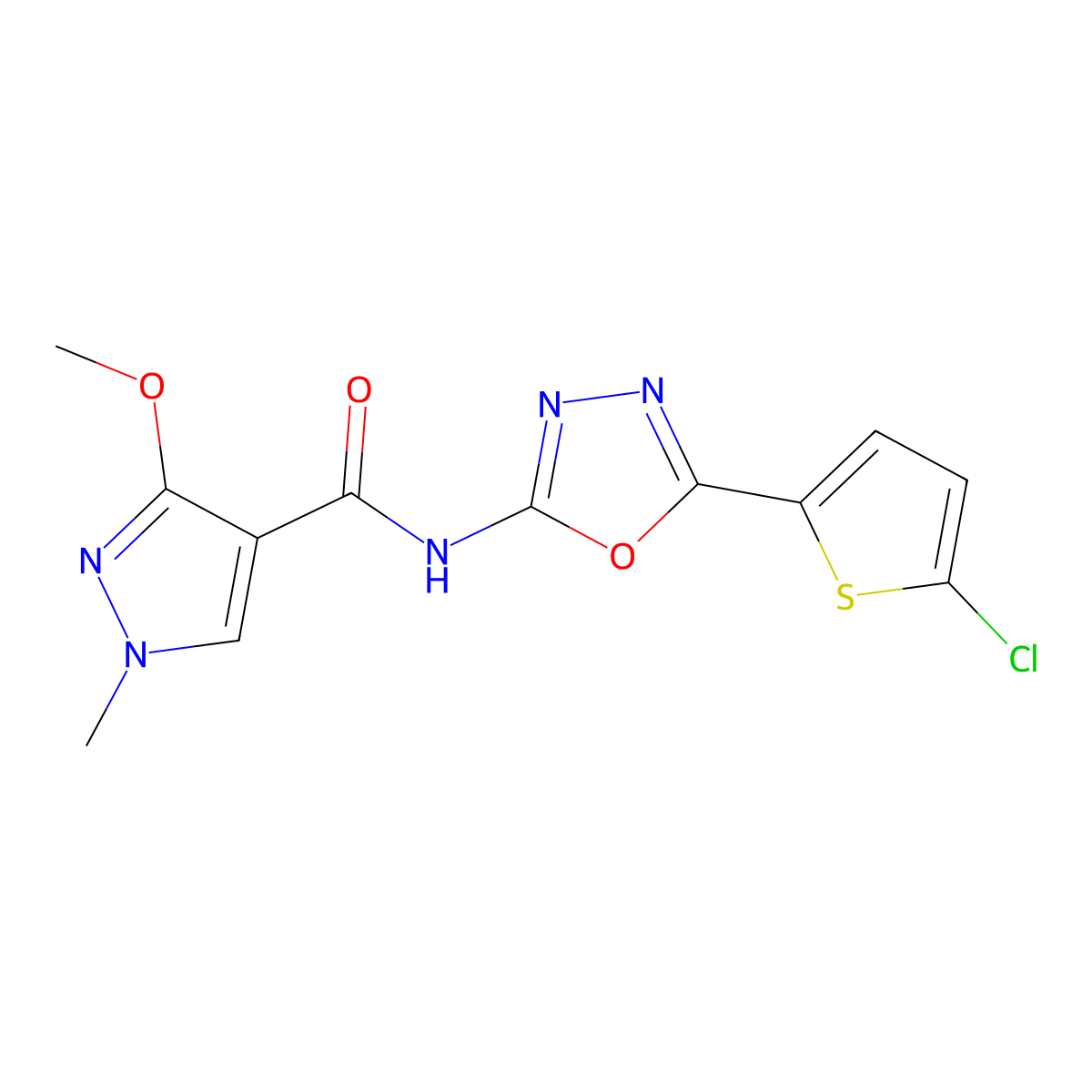 N-(5-(5-chlorothiophen-2-yl)-1,3,4-oxadiazol-2-yl)-3-methoxy-1-methyl-1H-pyrazole-4-carboxamide molecular structure, CAS 1203315-92-7