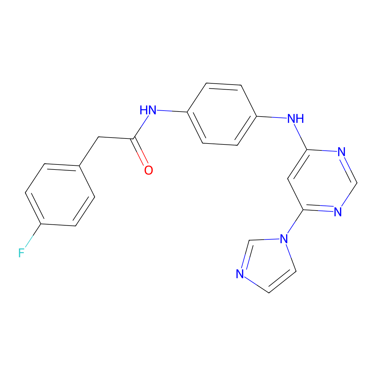 N-(4-((6-(1H-imidazol-1-yl)pyrimidin-4-yl)amino)phenyl)-2-(4-fluorophenyl)acetamide molecular structure, CAS 1203316-24-8